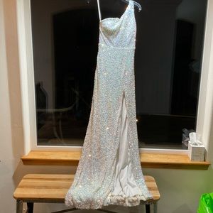 White/iridescent one shoulder homecoming/prom dress